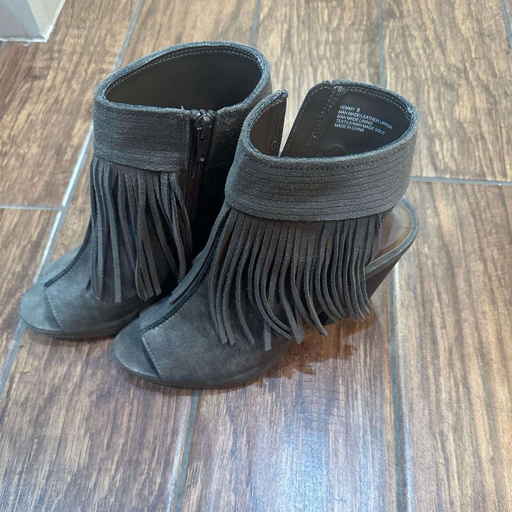 Tan Color Fringe Open Toe Booties - image 1